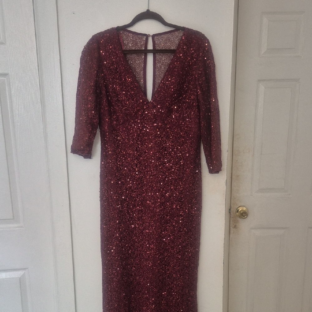 Kay Unger Burgundy Sequin Long Sleeve Dress